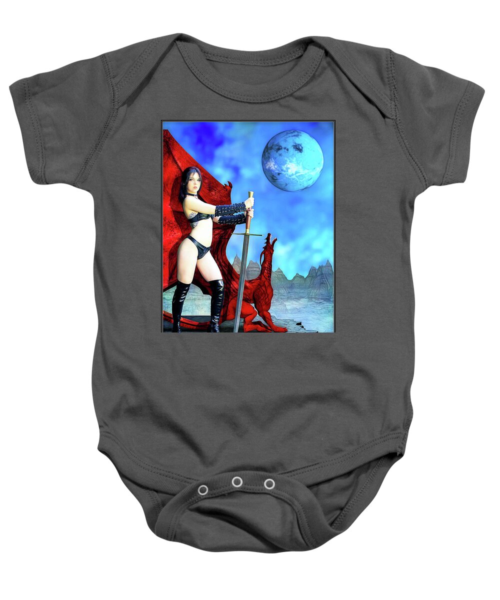 Rebel Baby Onesie featuring the photograph Amazon with Pet Dragon by Jon Volden