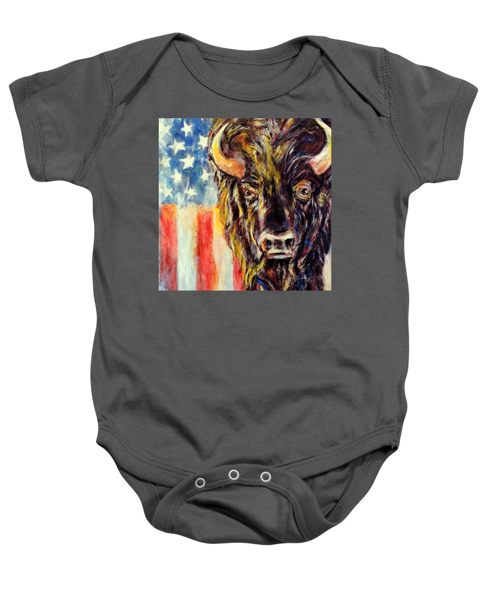 American Buffalo Flag Patriotic Baby Onesie featuring the painting American Buffalo by John Bohn