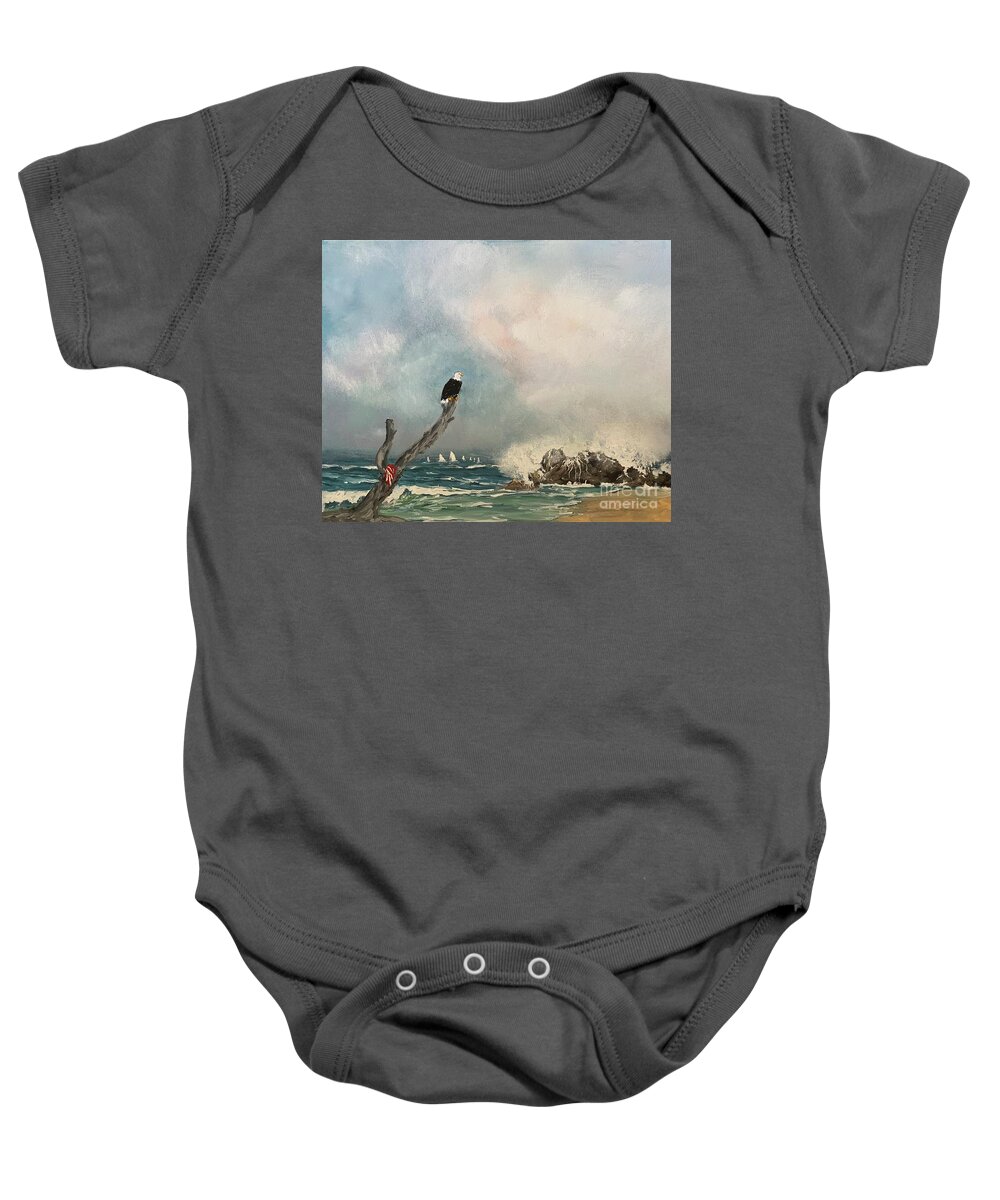 American Eagle Beach Ocean Water Wave Sky Rocks American Flag Miroslaw Chelchowski Acrylic On Canvas Painting Print Blue Clouds Sailing American Land Baby Onesie featuring the painting American Eagle by Miroslaw Chelchowski