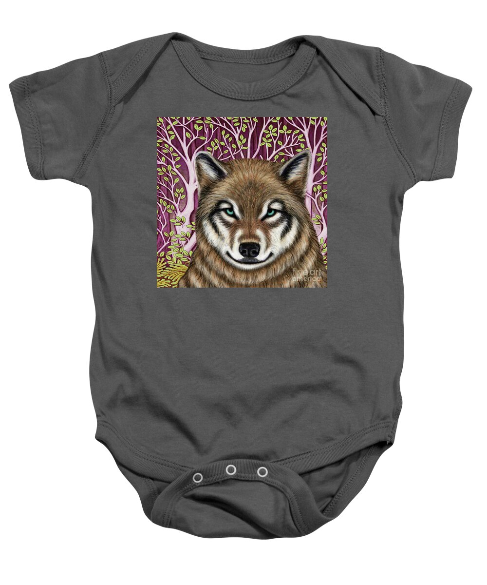 Wolf Baby Onesie featuring the painting American Wolf Escapade by Amy E Fraser