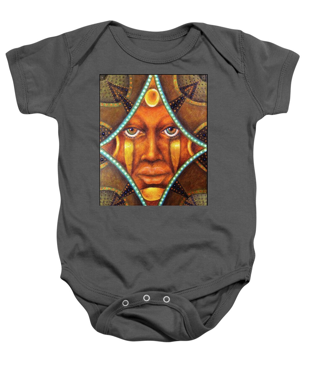 Tribal Baby Onesie featuring the painting Ancestral Fires by Kevin Chasing Wolf Hutchins