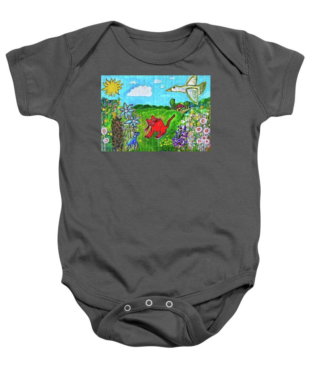 Cat Baby Onesie featuring the mixed media And Who Are You - Und Wer Bist Du by Mimulux Patricia No