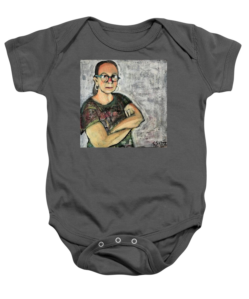 Humor Baby Onesie featuring the painting Angry Grandma by Cyndie Katz