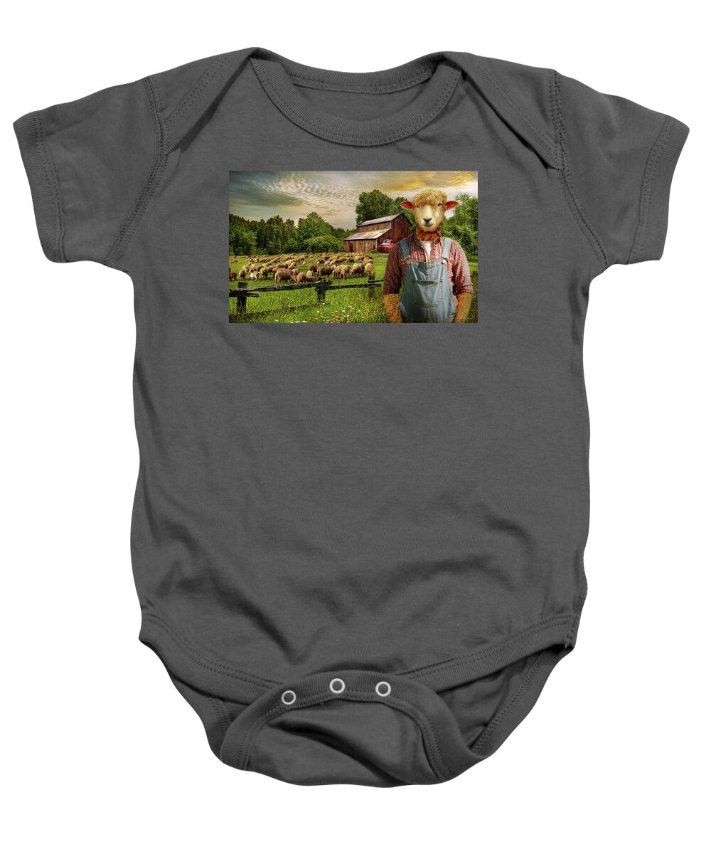 Sheep Baby Onesie featuring the photograph Animal - Sheep - The sheep farmer by Mike Savad