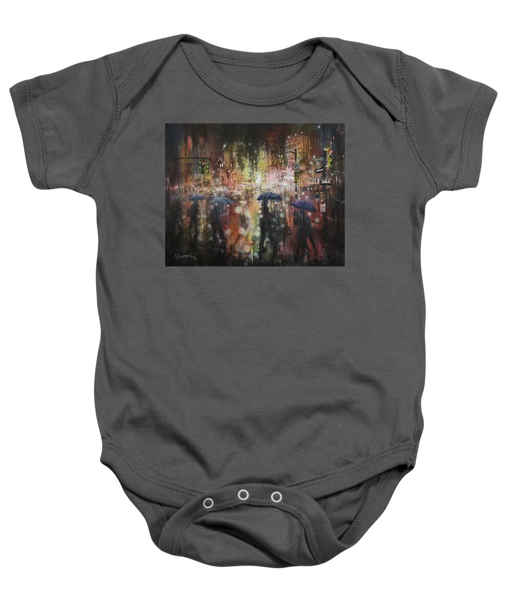 City At Night Baby Onesie featuring the painting Another Stormy Night by Tom Shropshire