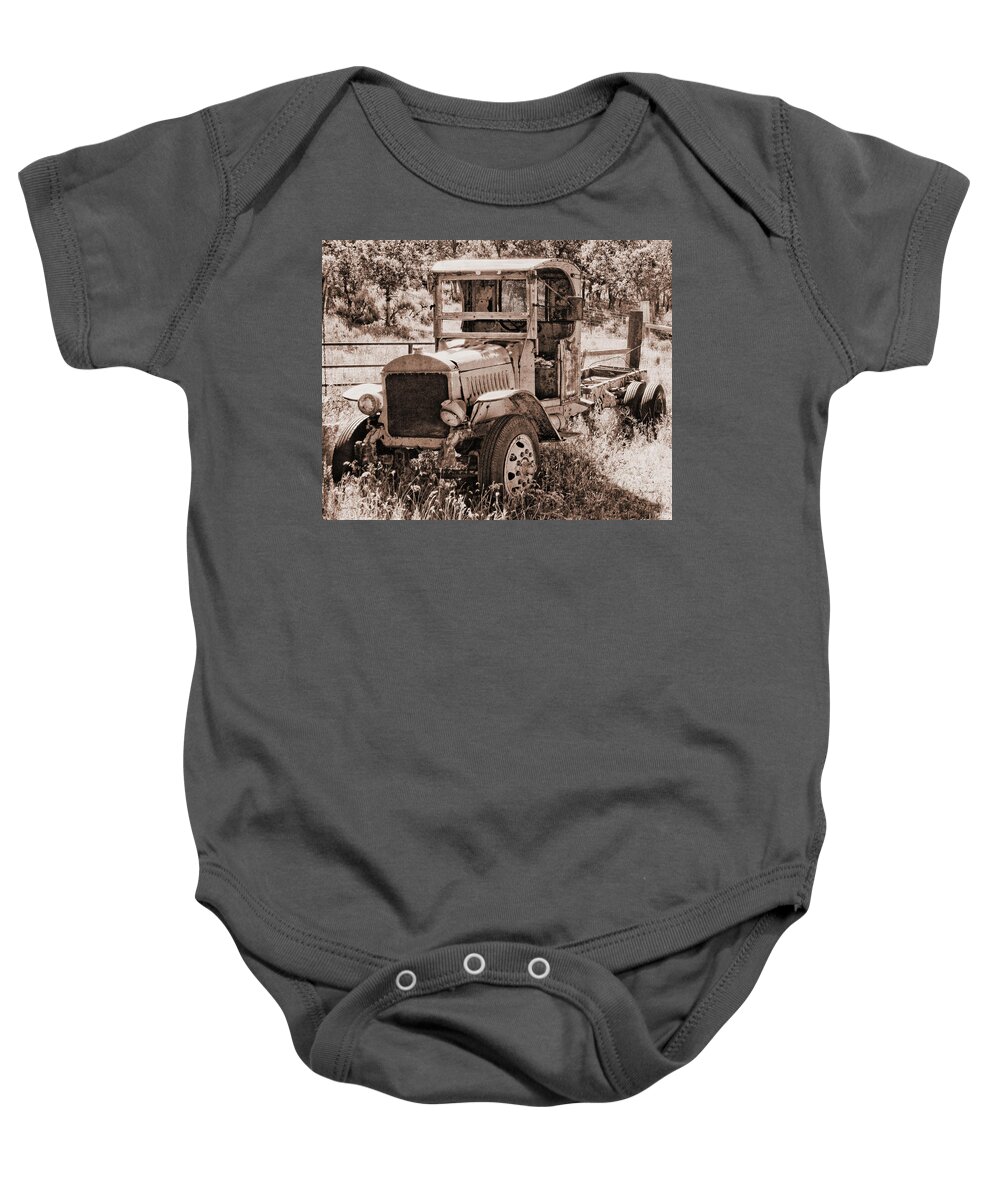Automotive Baby Onesie featuring the photograph Antique Mack Sepia by DK Digital