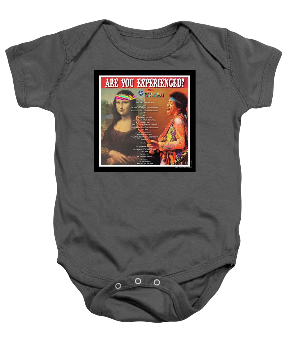 Mona Lisa Baby Onesie featuring the mixed media Mona Lisa and Jimi Hendrix - Are You Experienced? Mixed Media Record Album Covers Pop Art Collage by Steven Shaver