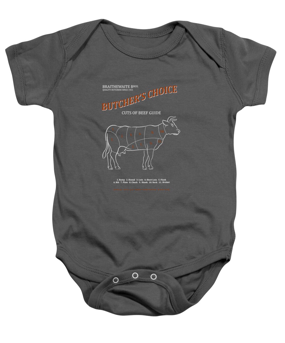 Kitchen Art Baby Onesie featuring the photograph Butchery Guide Cuts Of Beef by Mark Rogan