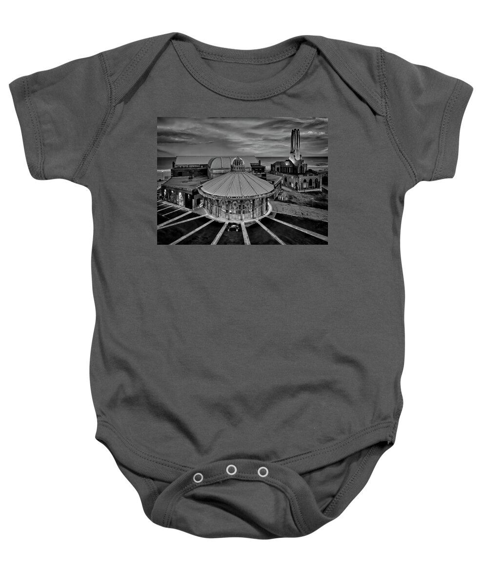 Asbury Park Baby Onesie featuring the photograph Asbury Park Carousel Aerial NJ BW by Susan Candelario