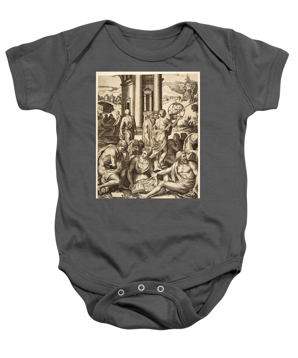 Marco Dente Baby Onesie featuring the drawing Assembly of male and female scholars gathered around an open book by Marco Dente