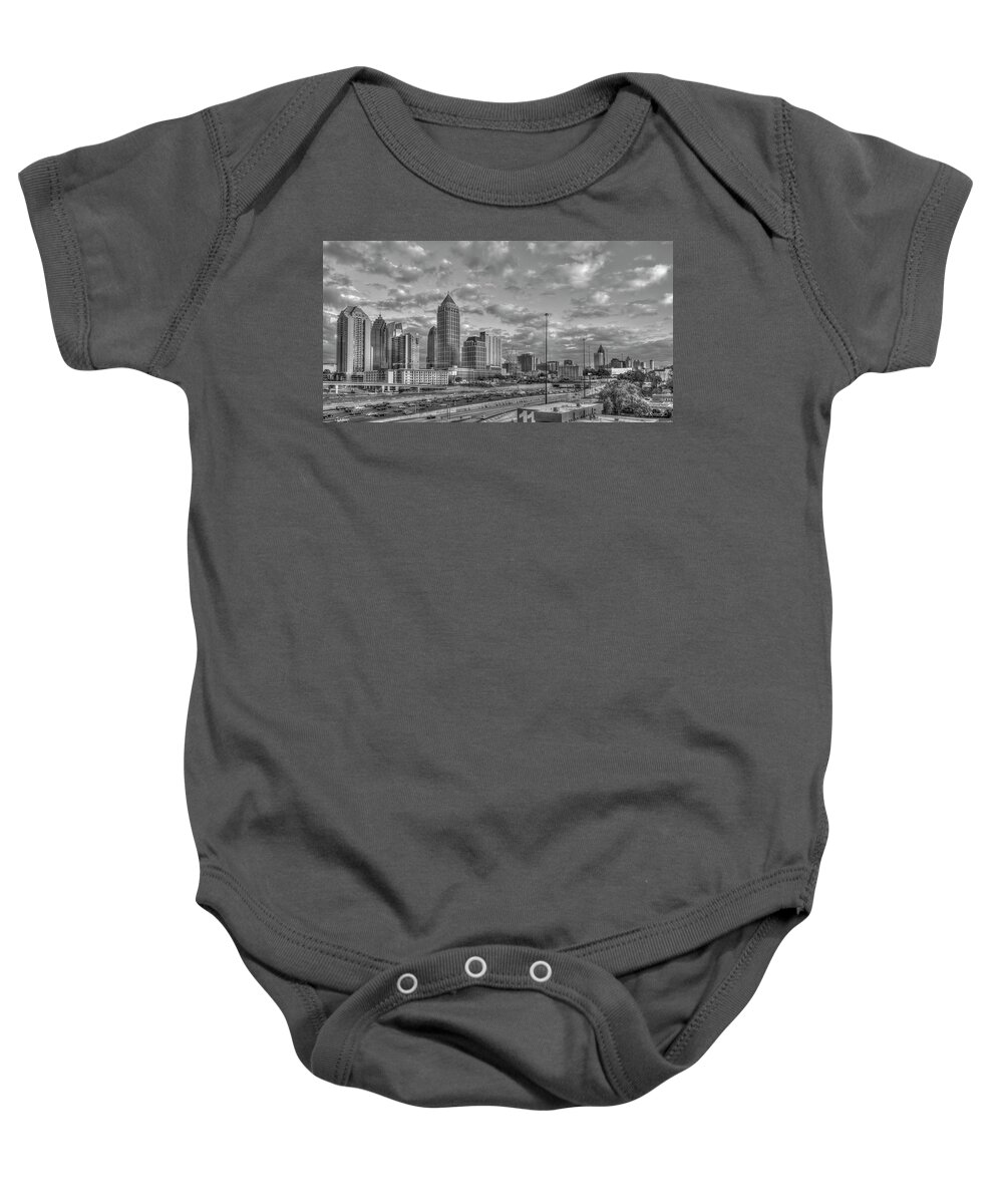 Reid Callaway Atlanta Midtown To Downtown Baby Onesie featuring the photograph Atlanta Midtown To Downtown B W Sunset Reflections Skyline Cityscape Architectural Art by Reid Callaway