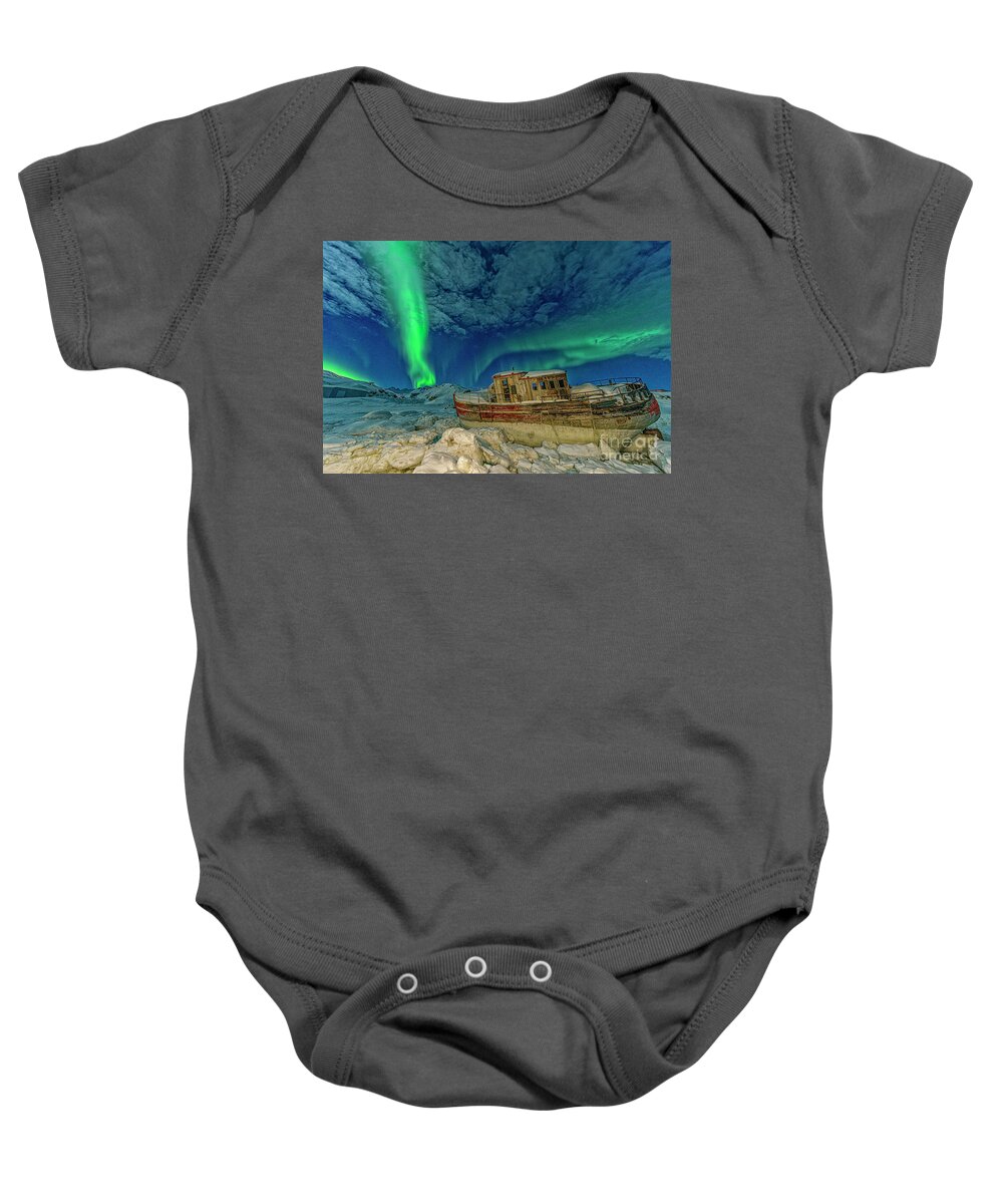 00648338 Baby Onesie featuring the photograph Aurora Borealis and Boat by Shane P White