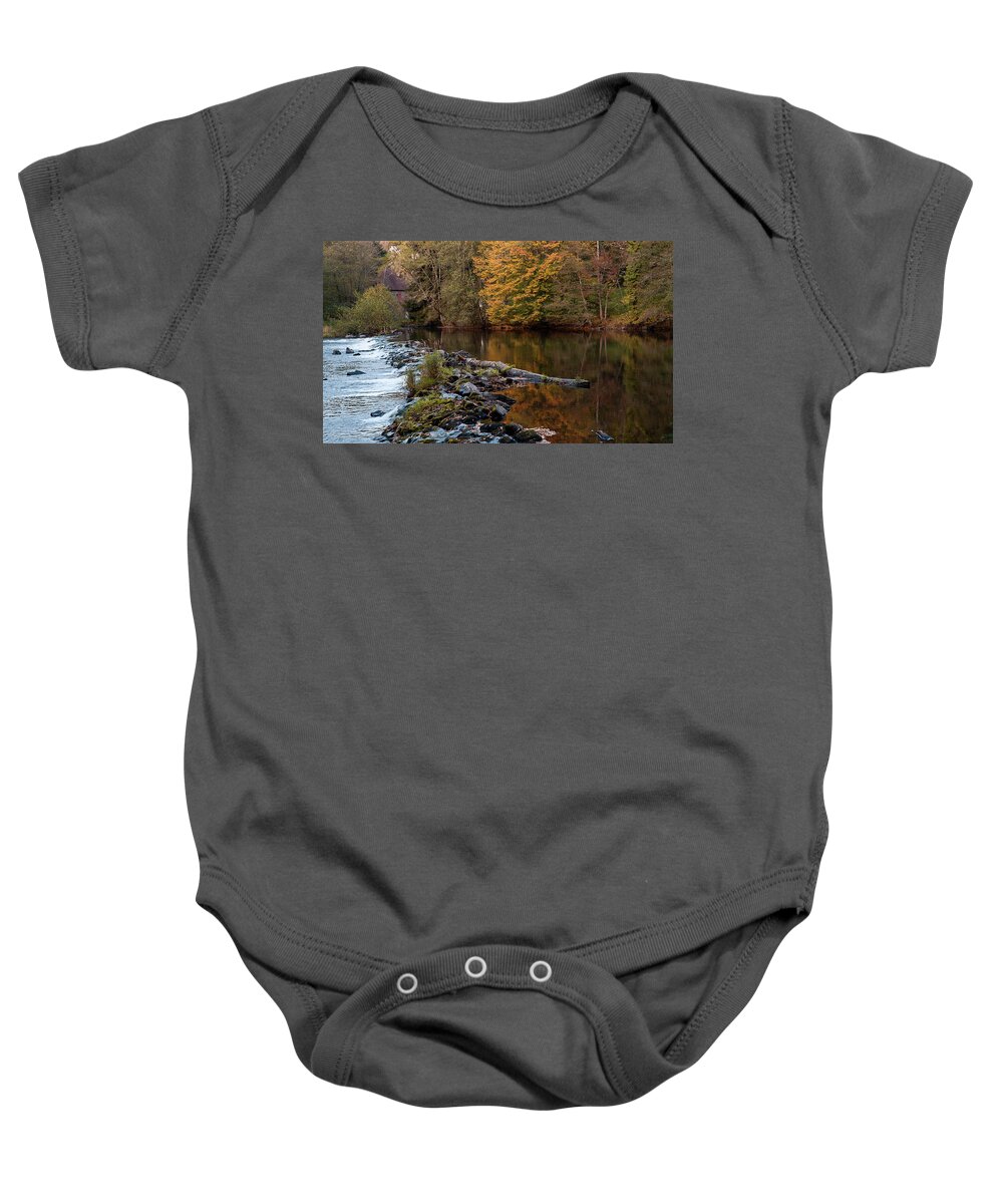 Autumn Baby Onesie featuring the photograph Automn trees reflection, La Sioule river by Jean-Luc Farges