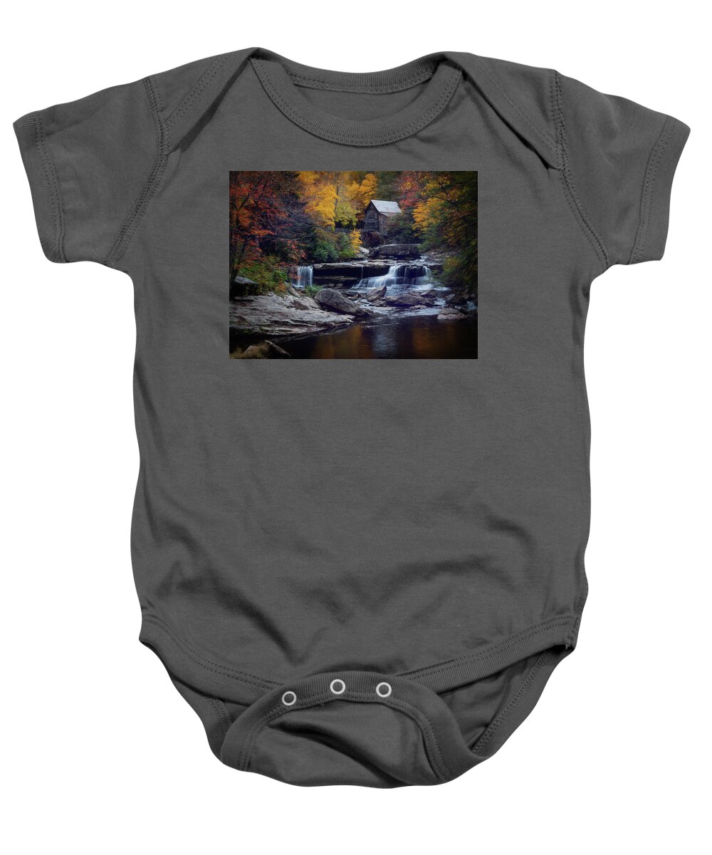Autumn Baby Onesie featuring the photograph Autumn at the Mill by Jaki Miller