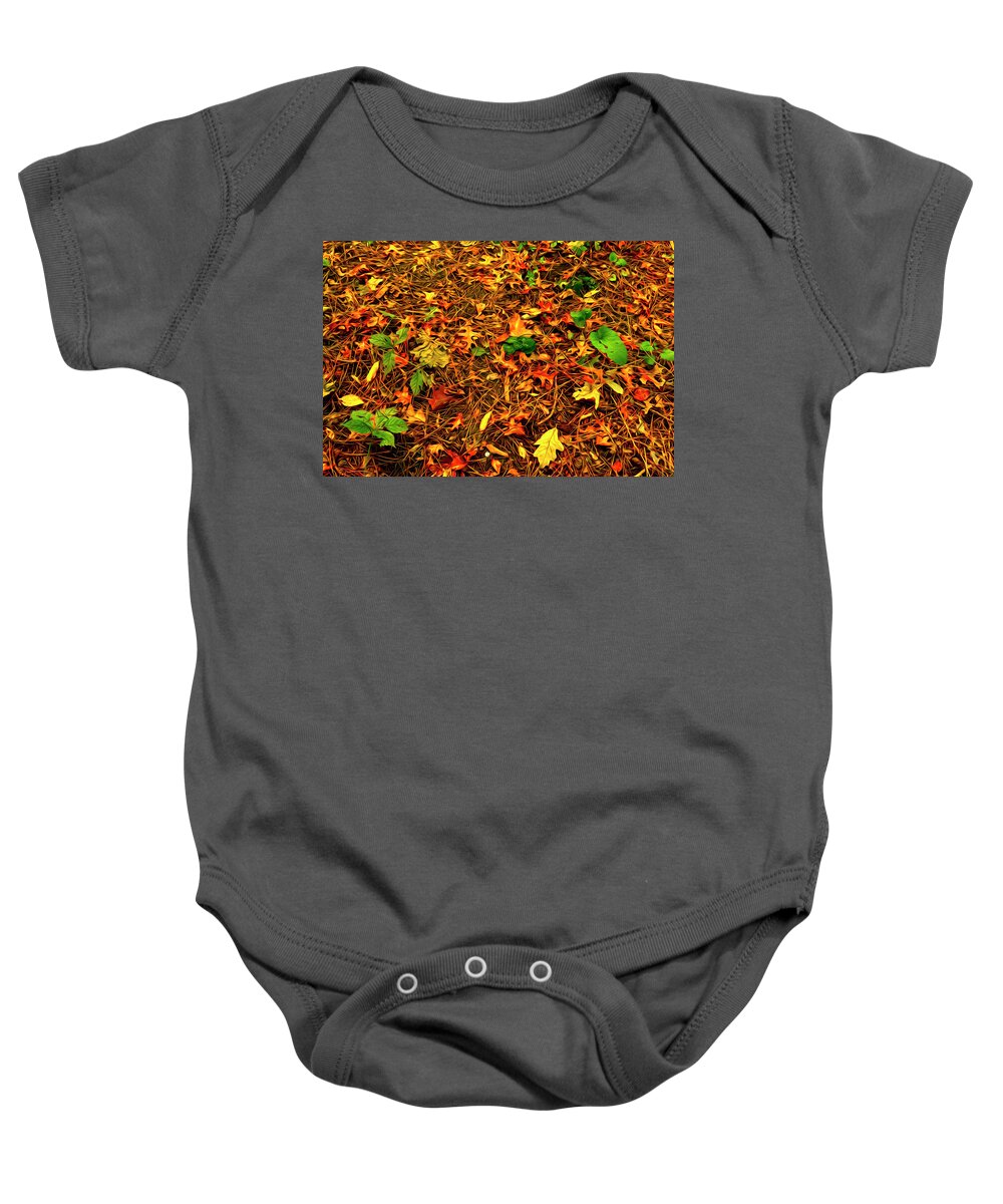 Autumn Colors Baby Onesie featuring the photograph Autumn Colors on the Forest Floor by Sandra J's