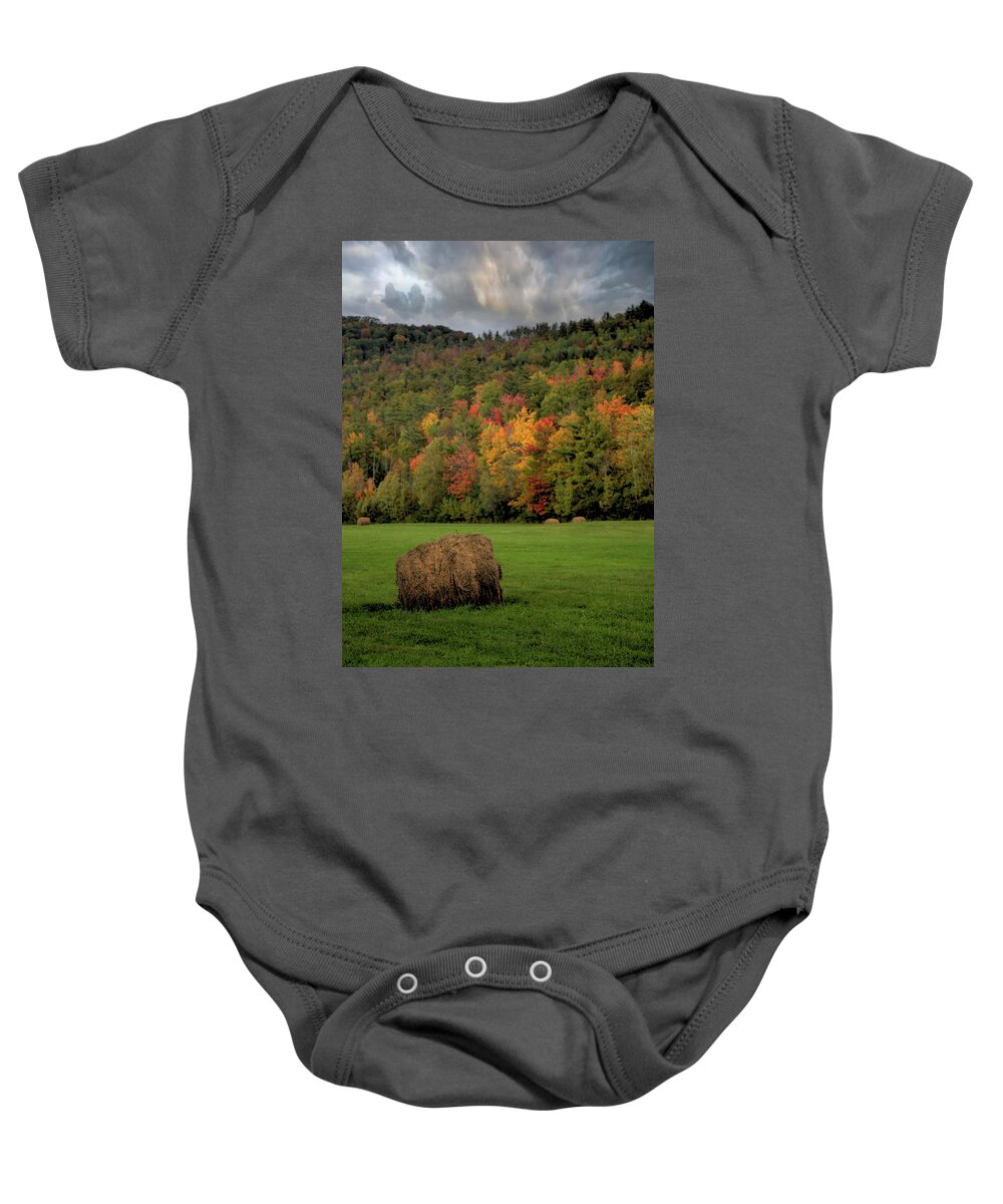 Maine Baby Onesie featuring the photograph Autumn Hay Harvest by Robert Harris