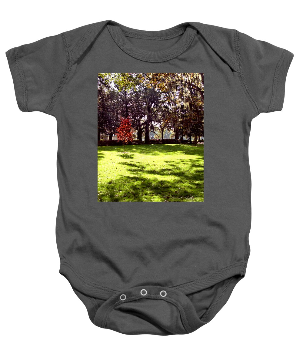 Forsyth Park Baby Onesie featuring the photograph Autumn Red by Theresa Fairchild
