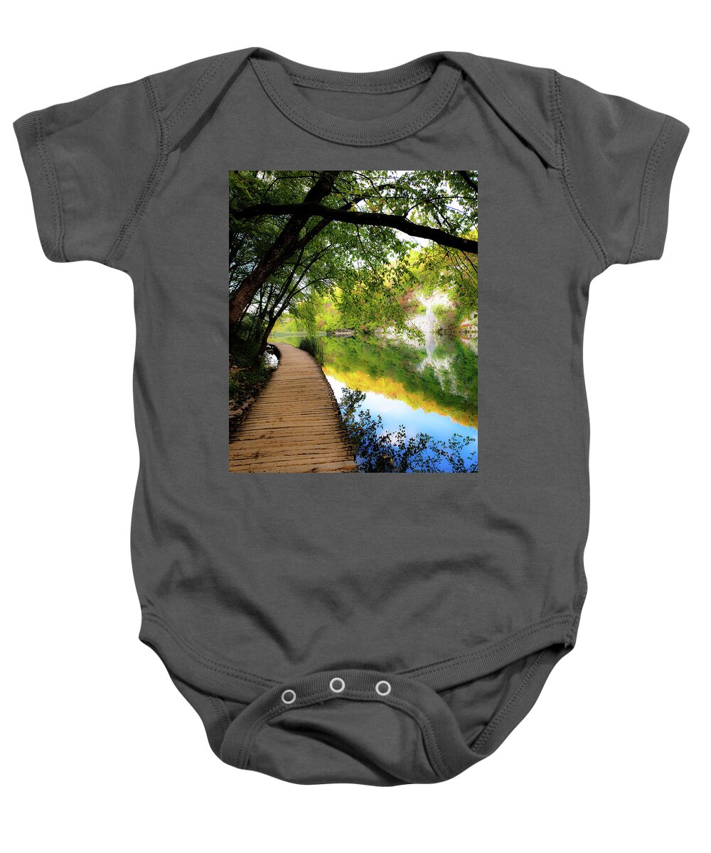 Trail Baby Onesie featuring the photograph Autumn Stroll by Andrea Whitaker