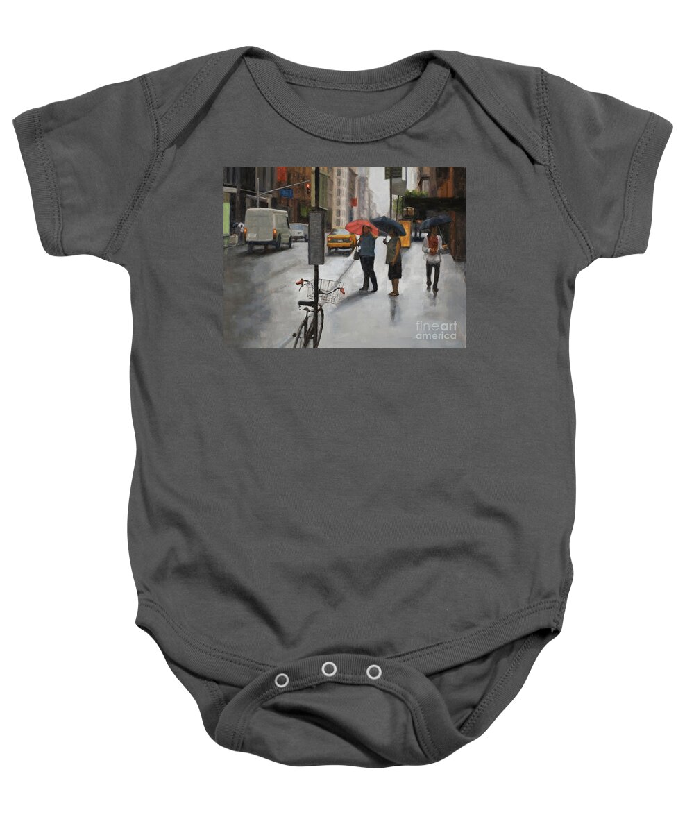 Rain Baby Onesie featuring the painting Awaiting a cab by Tate Hamilton