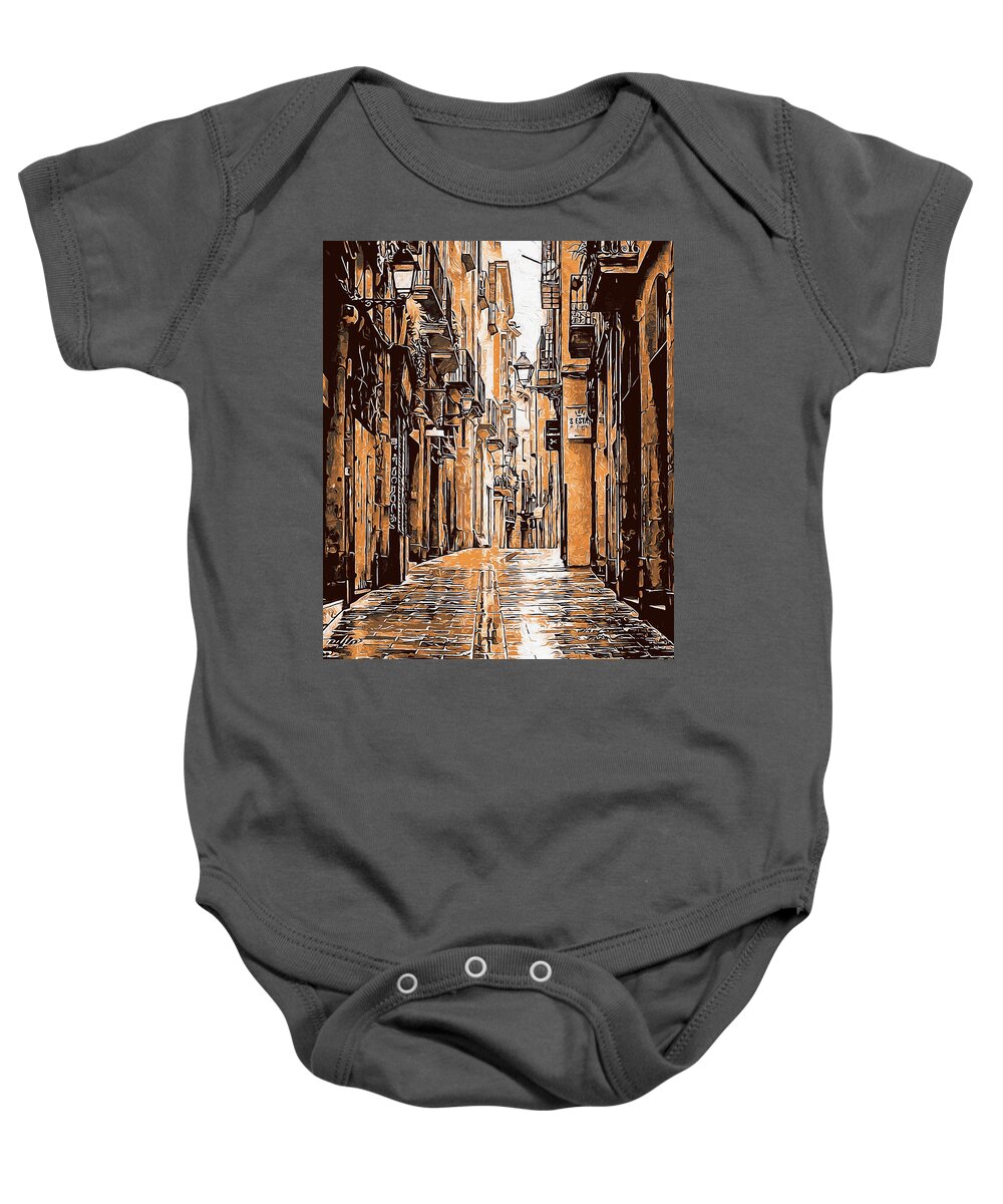 Barcelona Baby Onesie featuring the painting Barcelona, Gothic Quarter - 10 by AM FineArtPrints