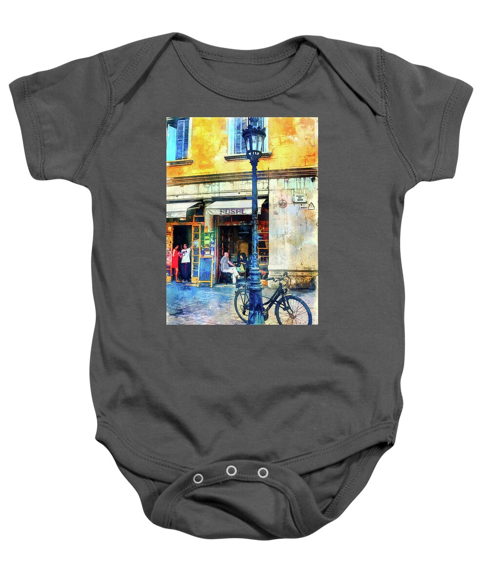 Barcelona Baby Onesie featuring the mixed media Barcelona street cafe and bike by Tatiana Travelways