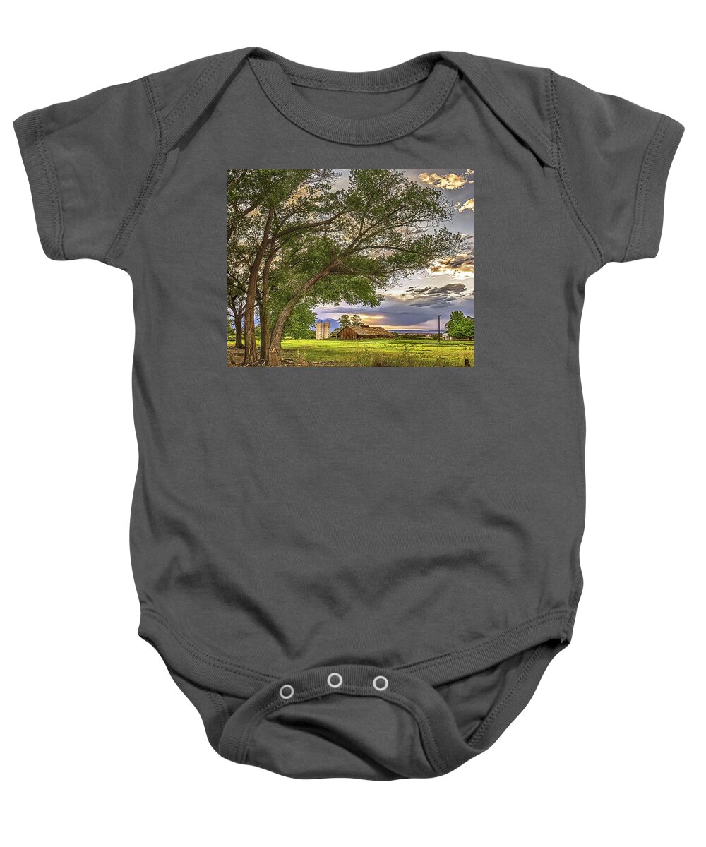 Clouds Baby Onesie featuring the photograph Barn And Trees by Don Schimmel