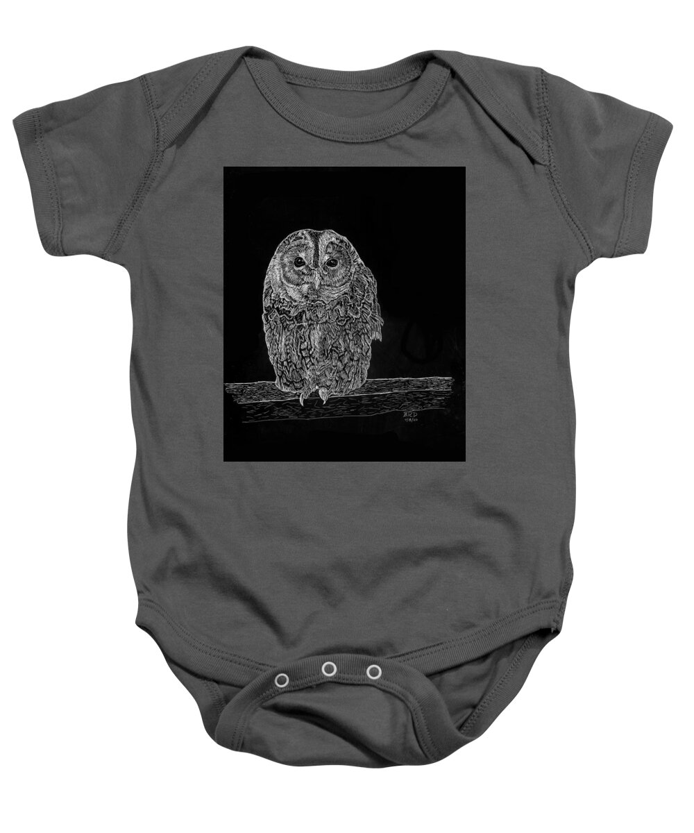 Barred Owl Baby Onesie featuring the drawing Barred Owl by Branwen Drew