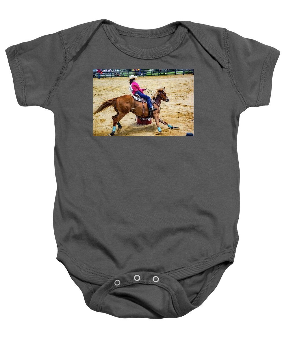 Horse Baby Onesie featuring the photograph Barrel Racer by Addison Likins