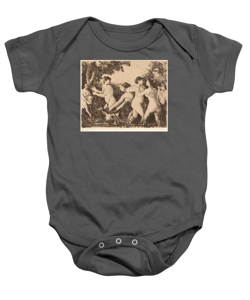 Camille Pissarro Baby Onesie featuring the drawing Bathers Wrestling 2 by Camille Pissarro