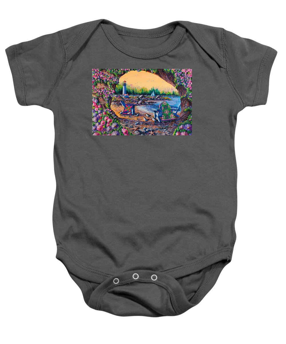 Beach Baby Onesie featuring the painting Beach Cave Flowers in Spring by Diane Phalen