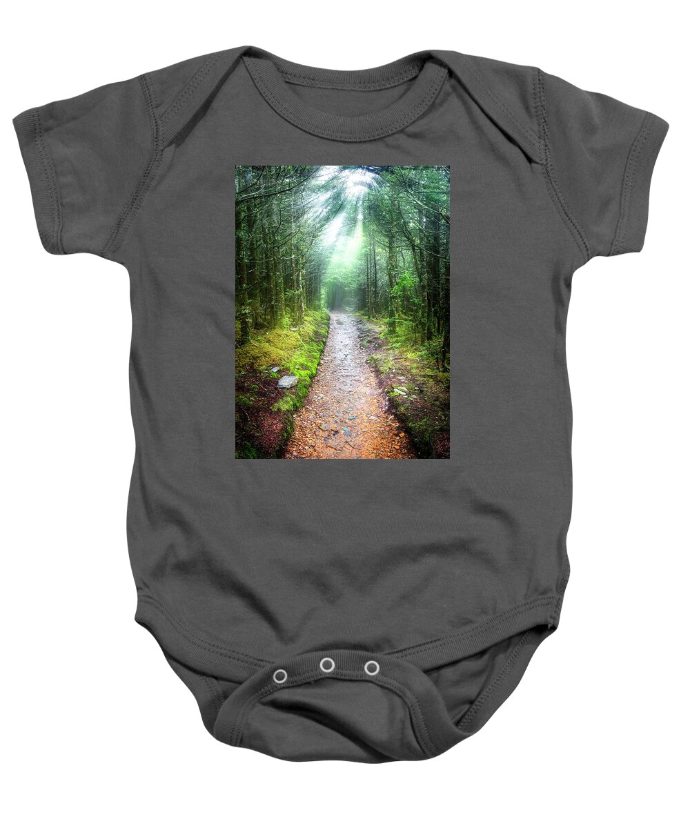 Carolina Baby Onesie featuring the photograph Beams of Light on the Appalachian Trail by Debra and Dave Vanderlaan