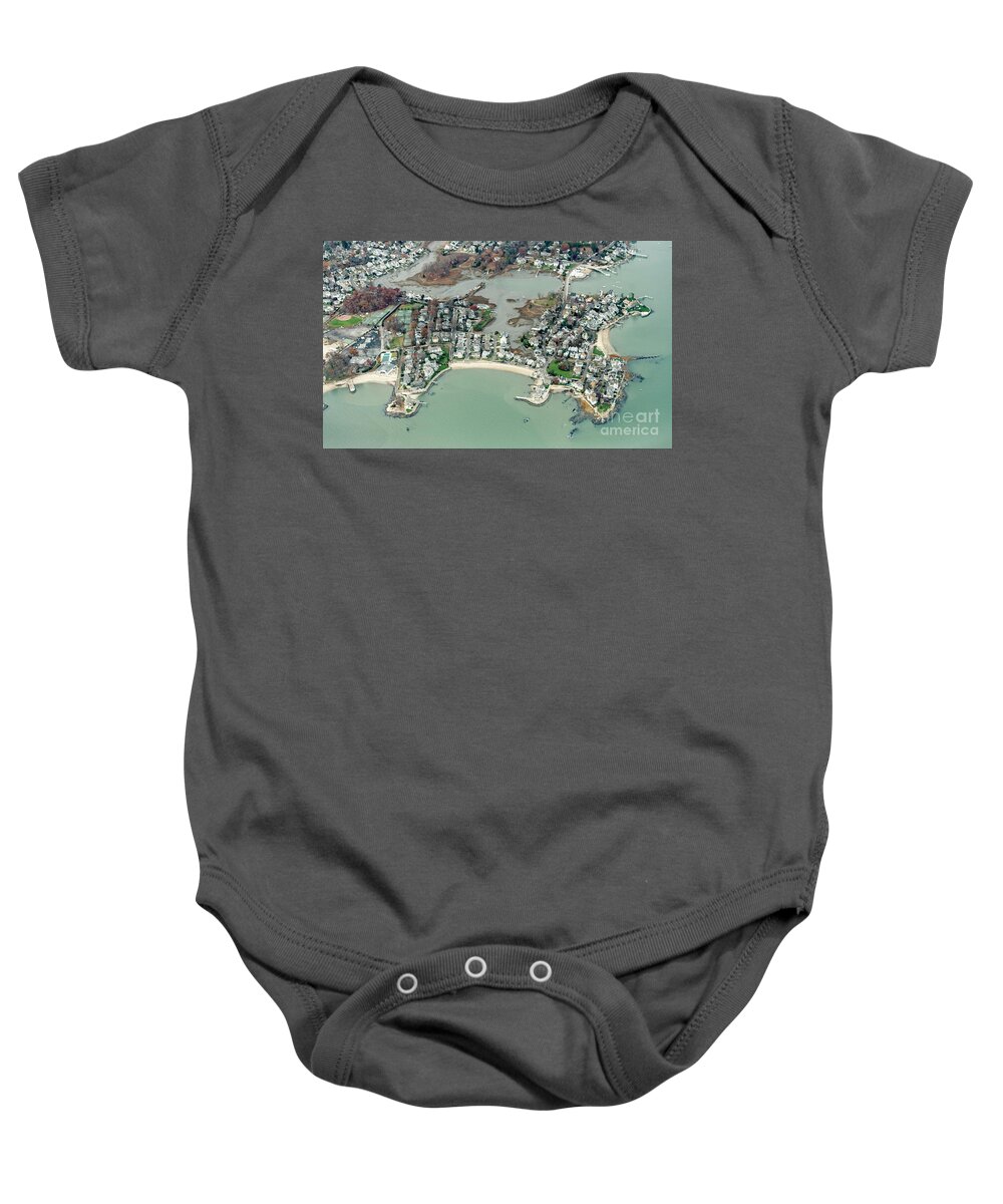 Bell Island Baby Onesie featuring the photograph Bell Island in Norwalk, Connecticut Real Estate Aerial by David Oppenheimer