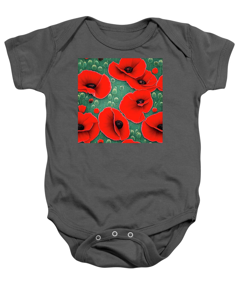  Corn Poppy Flower Baby Onesie featuring the painting Bella Fresca Poppies Red Poppy - The whole world is a garden if you look at it correctly. by OLena Art by Lena Owens - Vibrant DESIGN