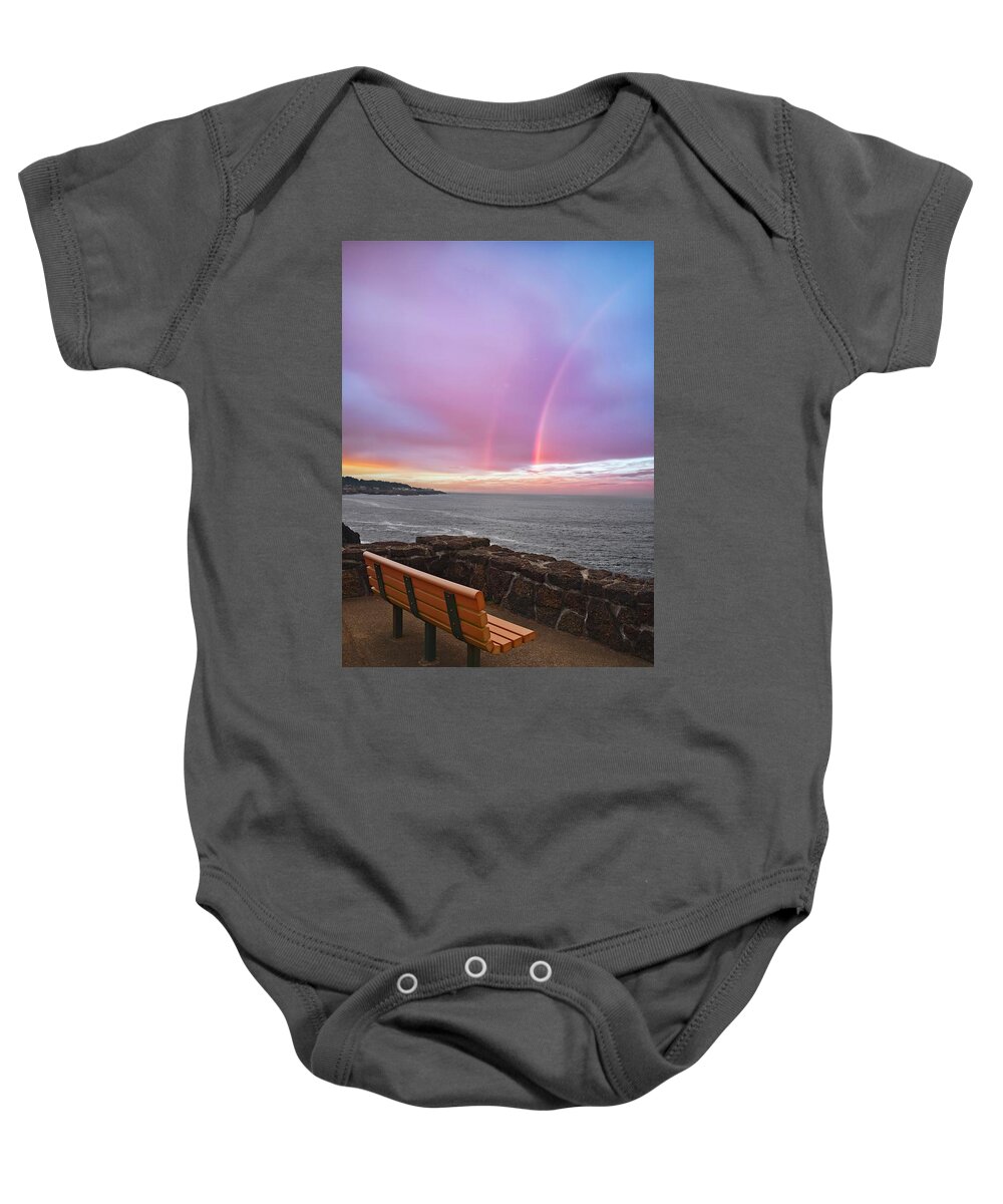 Sunset Baby Onesie featuring the photograph Bench and Whales Depoe Bay USA Oregon Coast by Maggy Marsh