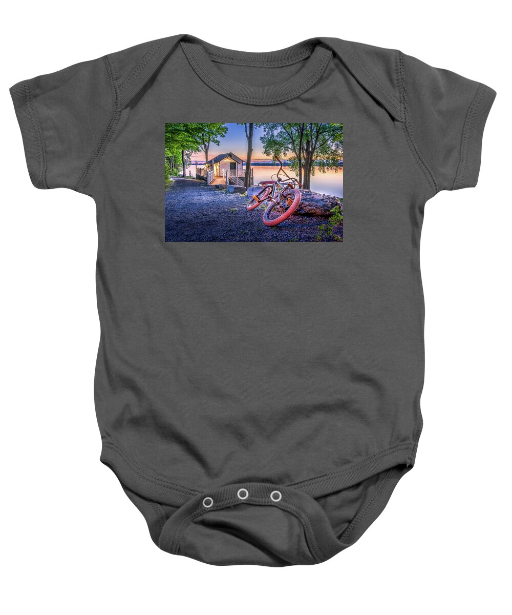 Lake Baby Onesie featuring the photograph Bicycle at the Boathouse by Dee Potter
