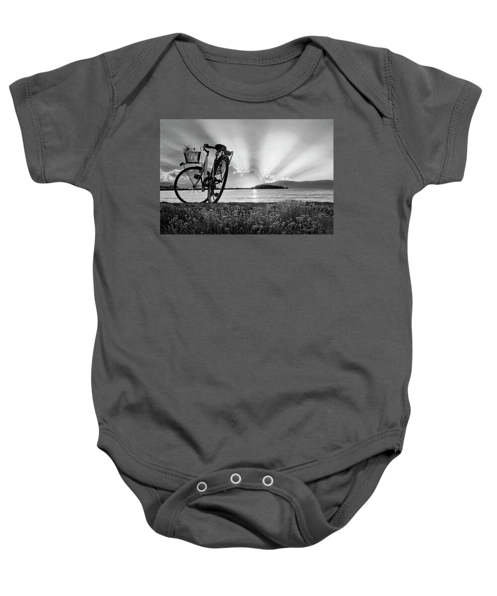 White Baby Onesie featuring the photograph Bicycle at the Shore Black and White by Debra and Dave Vanderlaan