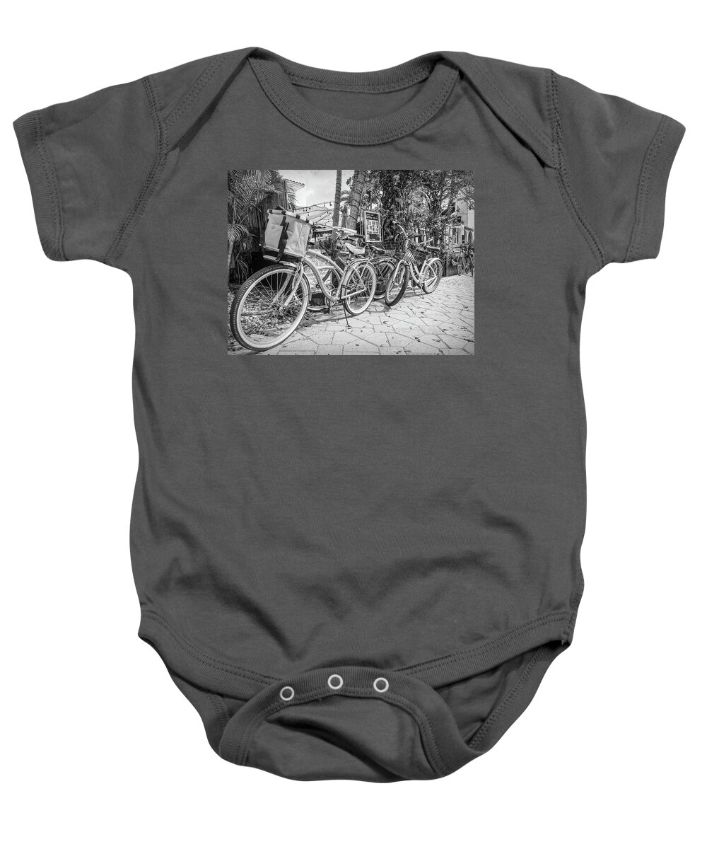 Florida Baby Onesie featuring the photograph Bicycles at the Bakery in Black and White by Debra and Dave Vanderlaan