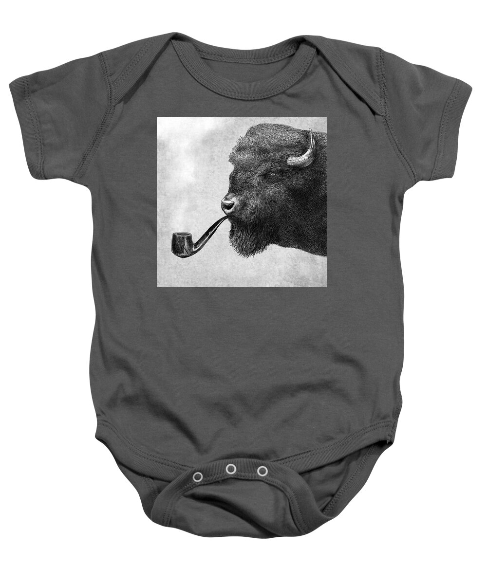 Bison Baby Onesie featuring the drawing Big Smoke - black and white by Eric Fan