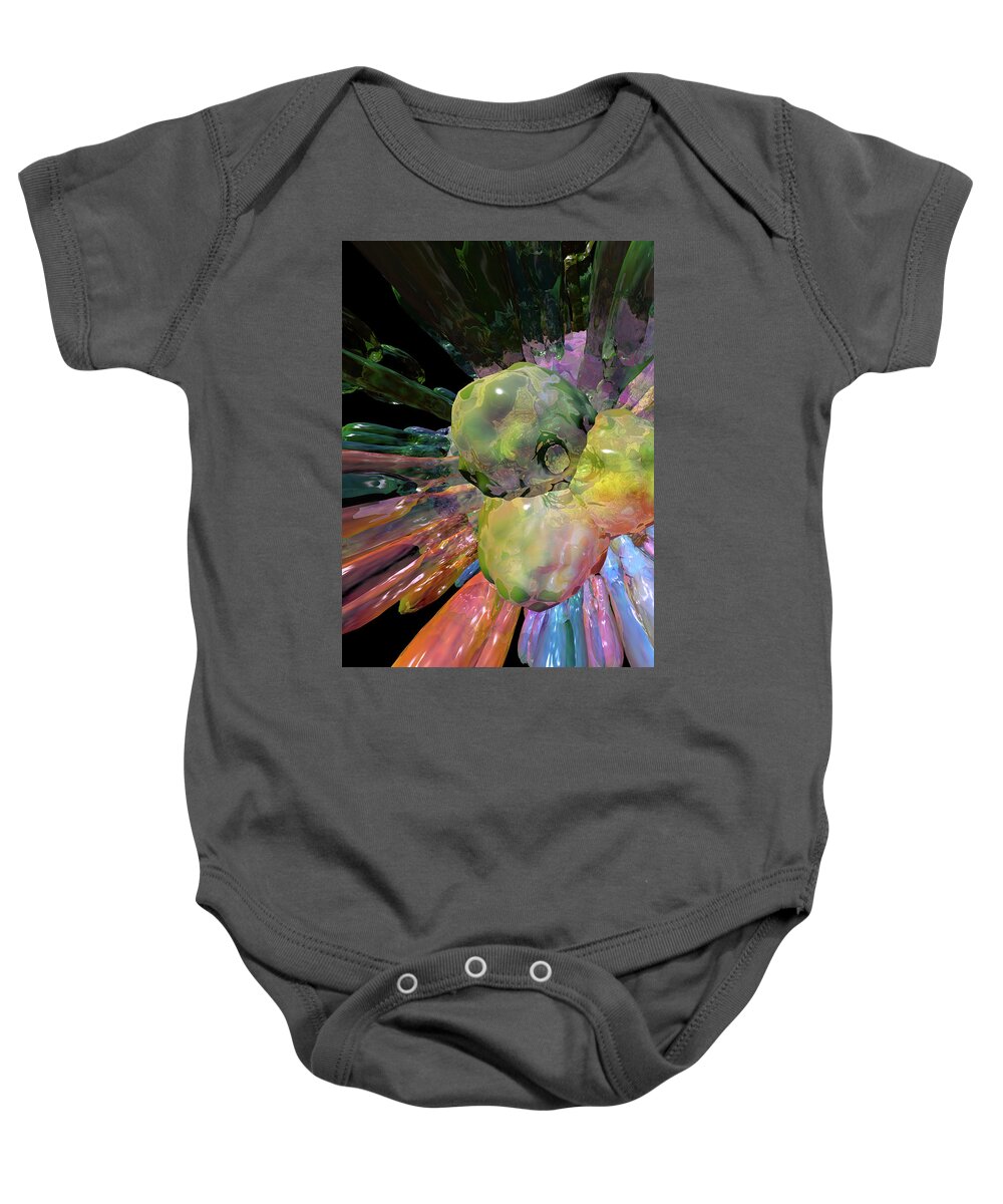 Deep Zoom Into An Influenza Virus Particle Model Rendered In Translucent Rainbow Colours Baby Onesie featuring the digital art Bird Flew #3 by Russell Kightley