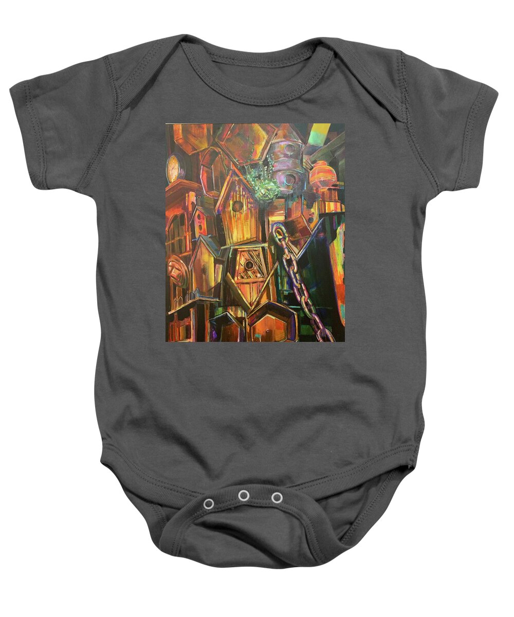 Clocks Baby Onesie featuring the painting Birdhouse by Try Cheatham