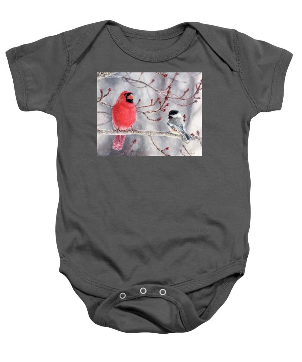 Cardinal Baby Onesie featuring the drawing Birds of a Feather by Shana Rowe Jackson