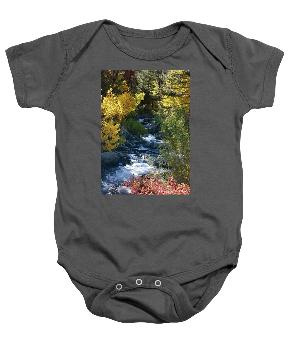 Bishop Creek Baby Onesie featuring the photograph Fall Color and Sun Rays on Bishop Creek by Bonnie Colgan
