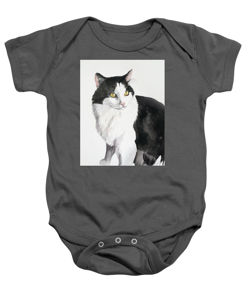 Cat Baby Onesie featuring the painting Black and white cat by Christopher Shellhammer