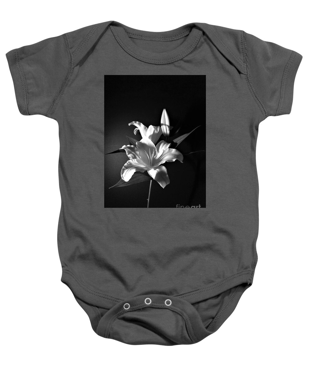 Black And White Baby Onesie featuring the photograph Black and White Lily Flower for Home Decor Wall Prints by Delynn Addams