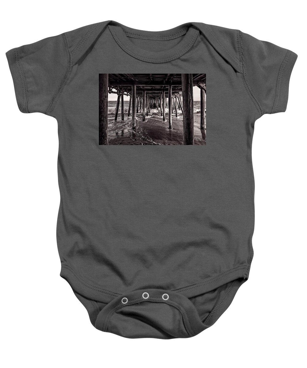 Best Maine Photos Baby Onesie featuring the photograph Black and White Under the Boardwalk - Old Orchard Beach in Maine by Mitchell R Grosky
