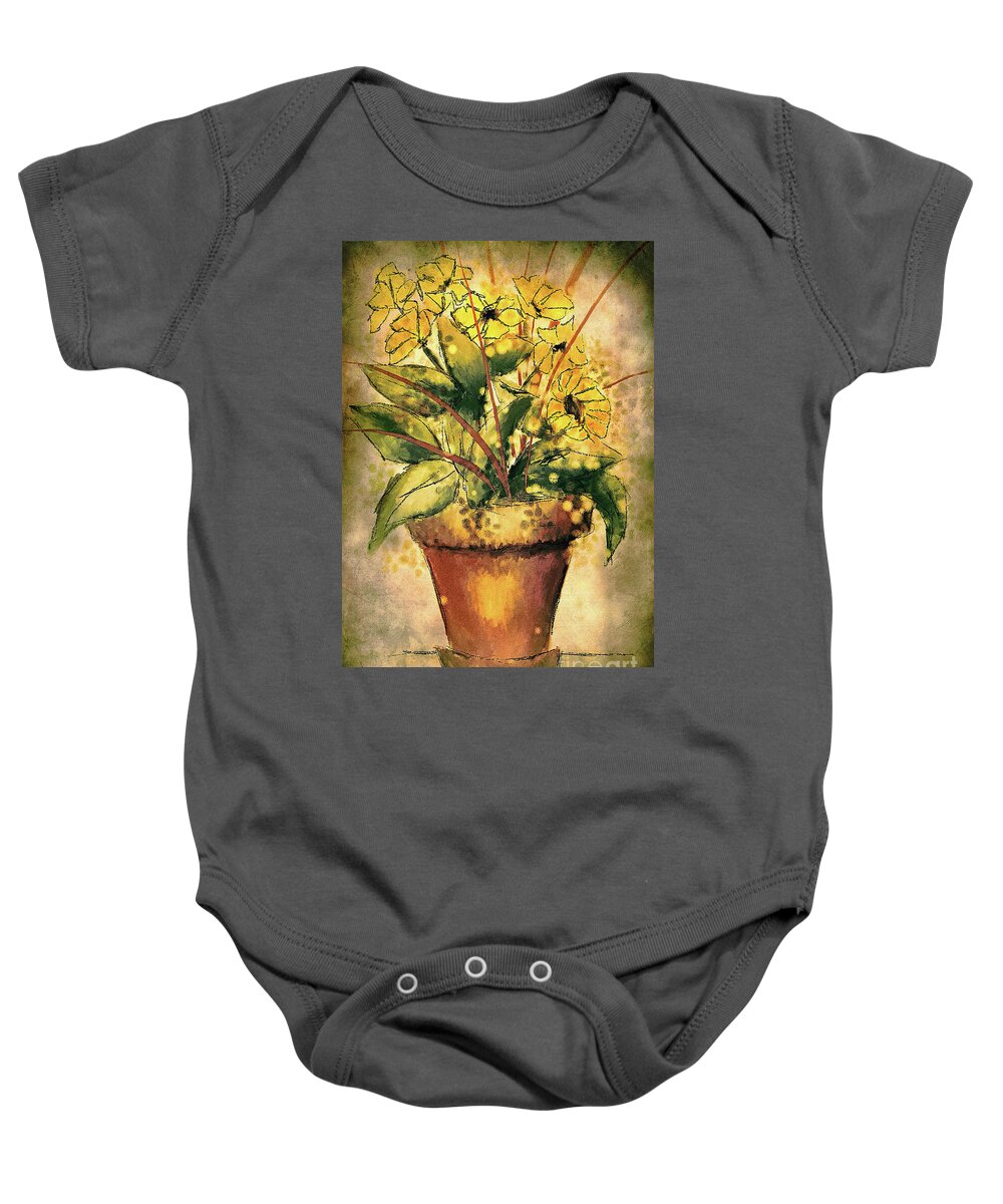 Flower Baby Onesie featuring the digital art Black Eyed Susans In A Clay Pot by Lois Bryan