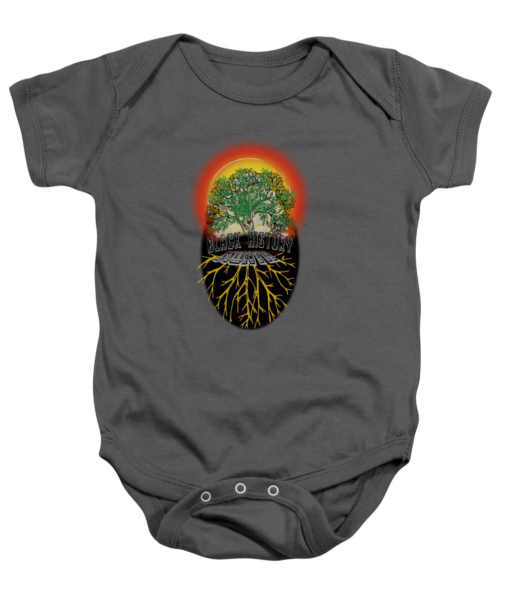  Family Baby Onesie featuring the digital art Black History Family Tree Roots Typography by Delynn Addams