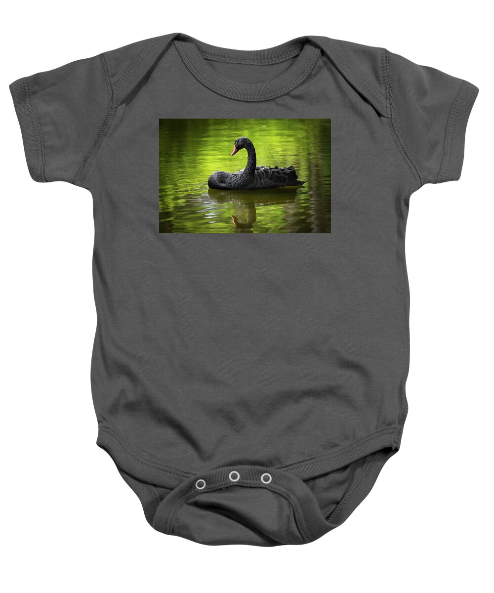 Black Baby Onesie featuring the photograph Black Swan With Eyes Closed by Artur Bogacki