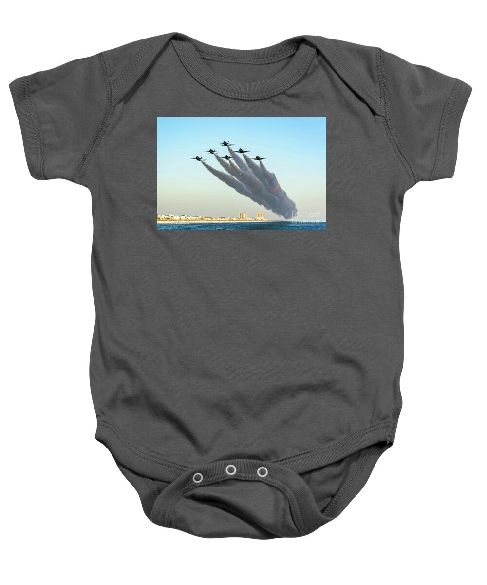 Blue Angels Baby Onesie featuring the photograph Blue Angels over Pensacola Beach, Florida by Beachtown Views