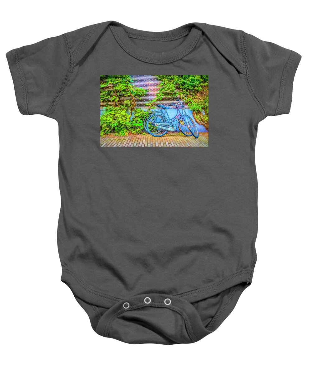 Fall Baby Onesie featuring the photograph Blue Bicycles on the Sidewalk by Debra and Dave Vanderlaan
